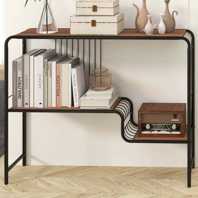 Costway 2 Tier Metal Frame Console Table with Storage Shelf - Size: 99 x 27 x 79cm - Brown - Wilko - image 1