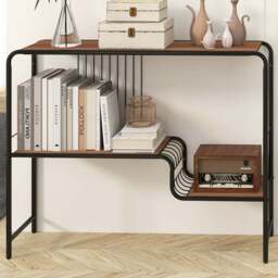 Costway 2 Tier Metal Frame Console Table with Storage Shelf - Size: 99 x 27 x 79cm - Brown - Wilko