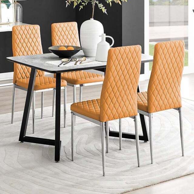 Furniturebox Copeland Valera Marble Effect 4 Seater Dining Set White Mustard and Chrome - Yellow - Wilko - image 1