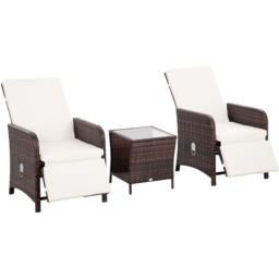 Outsunny 2 Seater White and Brown PE Rattan Recliner Bistro Set - Wilko - thumbnail 3