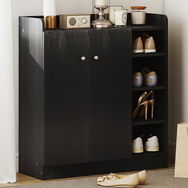 HOMCOM 2 Door 4 Shelf Black Shoe Storage Cabinet - Size: 90.0 cm x 30.0 cm x 83.0 cmcm - Wilko - image 1