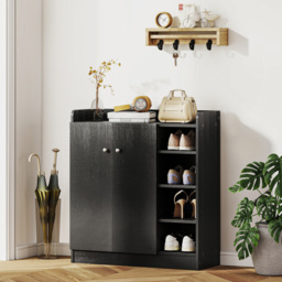 HOMCOM 2 Door 4 Shelf Black Shoe Storage Cabinet - Size: 90.0 cm x 30.0 cm x 83.0 cmcm - Wilko - thumbnail 6