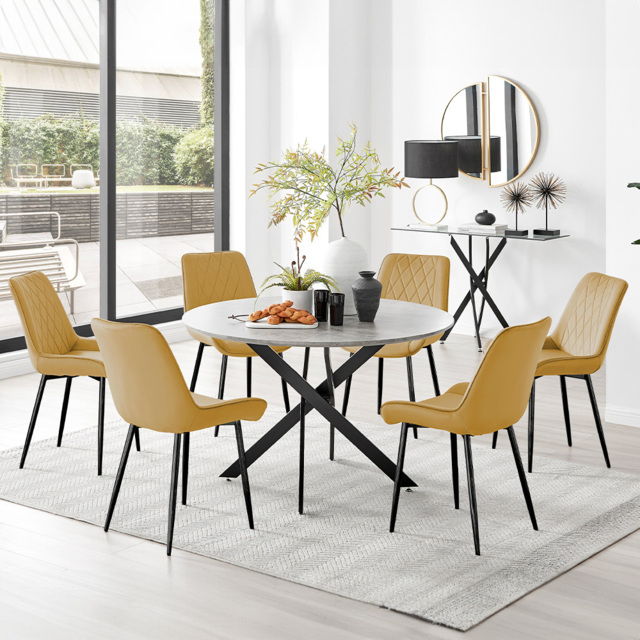 Furniturebox Arona Cesano Concrete Effect 6 Seater Round Dining Set Grey Black and Mustard - Yellow - Wilko - image 1