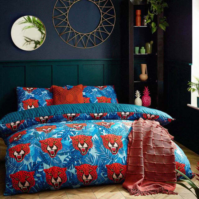 furn. Untamed Super King Size Blue Cheetah Botanical Duvet Cover Set - Wilko - image 1