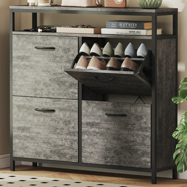 HOMCOM 4 Flip Down Drawer Single Shelf Cement Grey Shoe Cabinet - Size: 95 x 24 x 98cm - Wilko - image 1