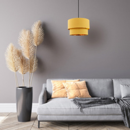 Happy Homewares Mustard Ochre Cotton Double Tier Shiny Golden Inner Pendant Shade - Size: 20 x 30 x 30cm - Yellow - Wilko - thumbnail 3