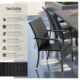 tectake Girona Set of 8 Garden Polyrattan Stackable Chair - Size: 90 x 58 x 67cm - Black - Wilko - thumbnail 7