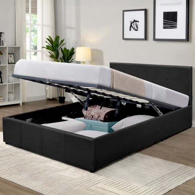 Comfy Living Small Double Black Faux Leather Ottoman Bed Frame with Padded Headboard - Wilko - image 1