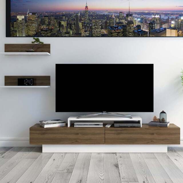 Decorotika Lusi 2 Door Single Shelf White and Walnut TV Unit with 2 Wall Shelf - Size: 40 x 180 x 32cm - Multi - Wilko - image 1