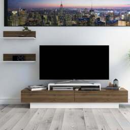 Decorotika Lusi 2 Door Single Shelf White and Walnut TV Unit with 2 Wall Shelf - Size: 40 x 180 x 32cm - Multi - Wilko - thumbnail 1