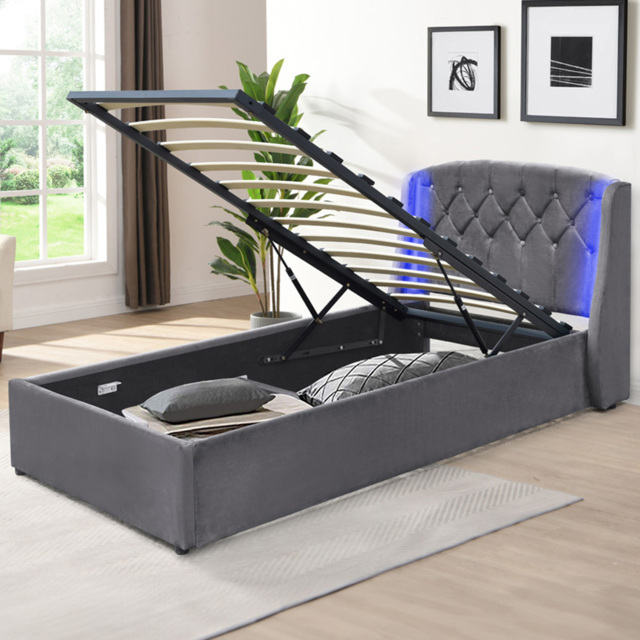 Comfy Living Single Grey Fabric Gaslift Bed Frame with LED Headboard - Wilko - image 1
