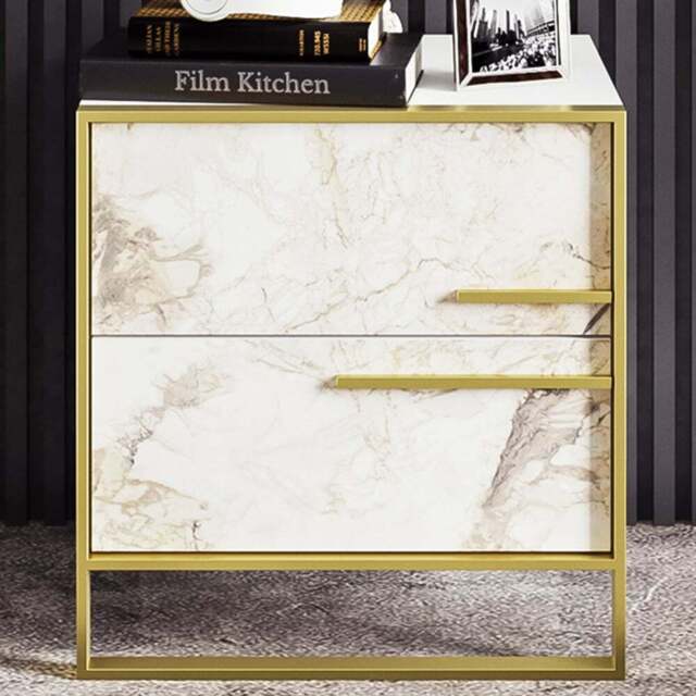 Decorotika Polka 2 Drawer White Marble Effect and Gold Bedside Table - Multi - Wilko - image 1