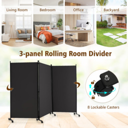 Costway 3 Panel Grey Folding Room Divider with Wheels - Size: 118 x 13 x 10cm - Wilko - thumbnail 6