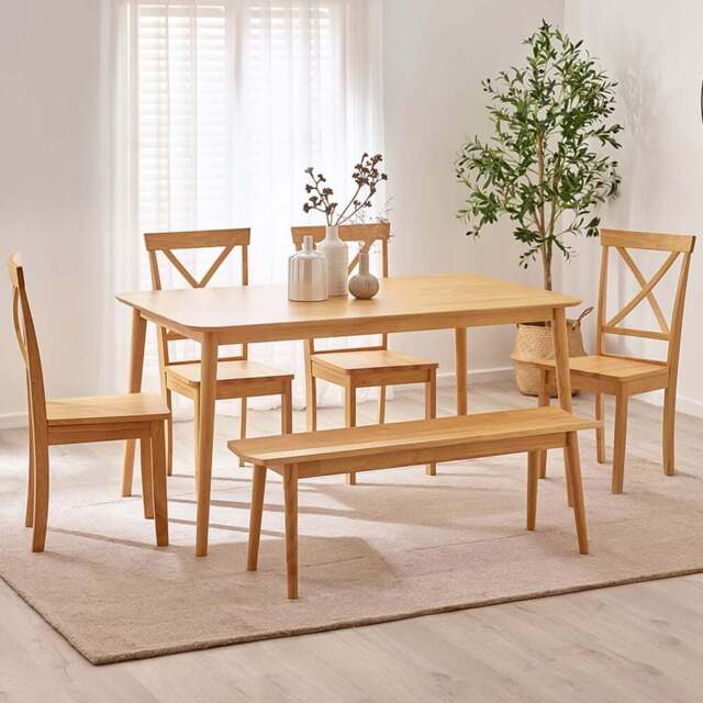 Furniturebox Lymington Marros 6 Seater Wooden Dining Set with Bench Oak Effect - Brown - Wilko - image 1