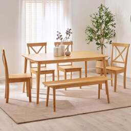 Furniturebox Lymington Marros 6 Seater Wooden Dining Set with Bench Oak Effect - Brown - Wilko - thumbnail 1