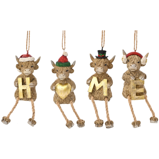 The Seasonal Gift Co. 4 Piece Highland Cow Home Christmas Decorations Set - Size: 19 x 4 x 4cm - Brown - Wilko - image 1