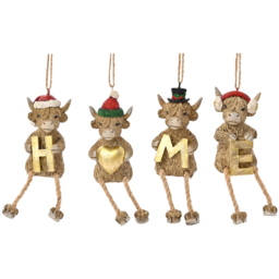 The Seasonal Gift Co. 4 Piece Highland Cow Home Christmas Decorations Set - Size: 19 x 4 x 4cm - Brown - Wilko