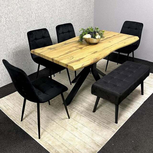 Portland 5 Seater Velvet Wooden Dining Set with Bench Brown and Black - Multi - Wilko - image 1