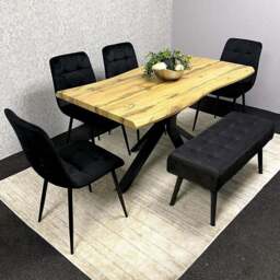 Portland 5 Seater Velvet Wooden Dining Set with Bench Brown and Black - Multi - Wilko - thumbnail 1