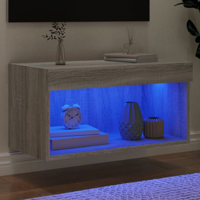 vidaXL Single Shelf Grey Sonoma Wall Mounted TV Cabinet with RGB LED Lights - Size: 30 x 60 x 30cm - Wilko - image 1