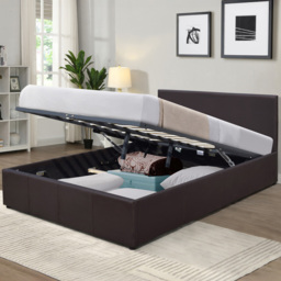 Comfy Living Small Double Brown Faux Leather Ottoman Bed Frame with Padded Headboard - Wilko