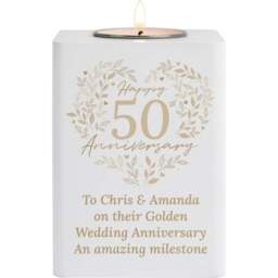 Personalised Memento Personalised 50th Golden Wedding Anniversary Tea Light Holder - Size: 0.8 x 1.0 x 0.8cm - White - Wilko