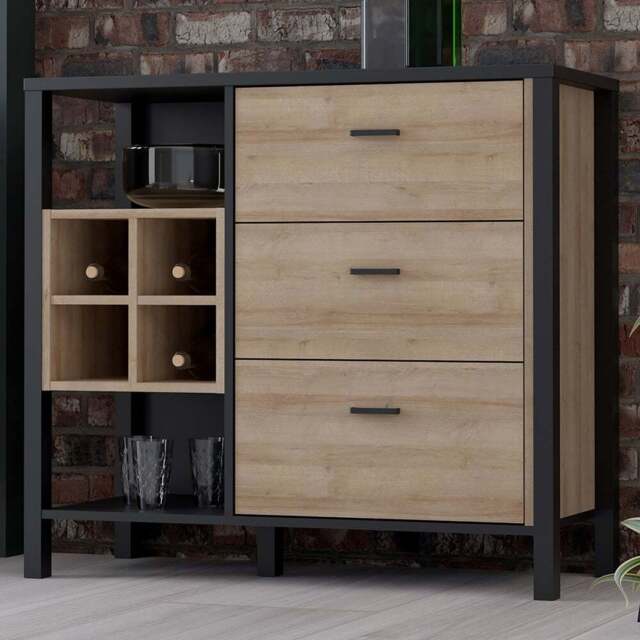 Florence High Rock 3 Drawer 2 Shelf Matt Black and Riviera Oak Sideboard with Wine Bottle Holders - Size: 85.1 x 93.3 x 40.2cm - Multi - Furniture To - image 1