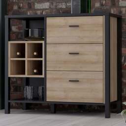 Florence High Rock 3 Drawer 2 Shelf Matt Black and Riviera Oak Sideboard with Wine Bottle Holders - Size: 85.1 x 93.3 x 40.2cm - Multi - Furniture To