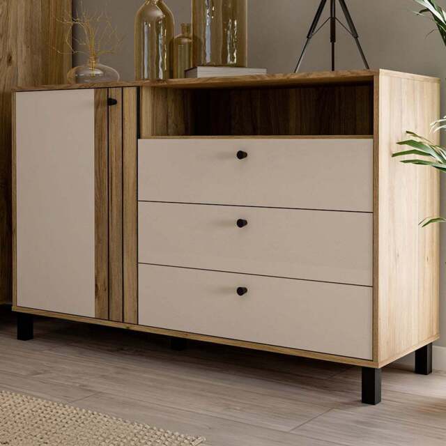 Florence Grafton Single Door 3 Drawer Single Shelf Cream and Oak Sideboard - Size: 87 x 138.1 x 42cm - Multi - Furniture To Go - Wilko - image 1