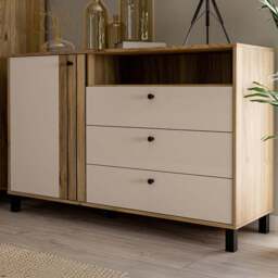 Florence Grafton Single Door 3 Drawer Single Shelf Cream and Oak Sideboard - Size: 87 x 138.1 x 42cm - Multi - Furniture To Go - Wilko