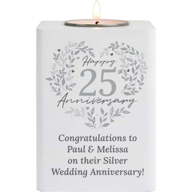 Personalised Memento Personalised 25th Silver Wedding Anniversary Tea Light Holder - Size: 0.8 x 1.0 x 0.8cm - White - Wilko - image 1
