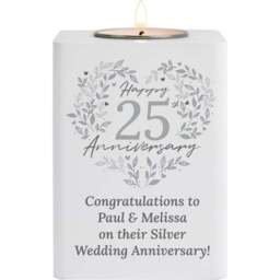 Personalised Memento Personalised 25th Silver Wedding Anniversary Tea Light Holder - Size: 0.8 x 1.0 x 0.8cm - White - Wilko