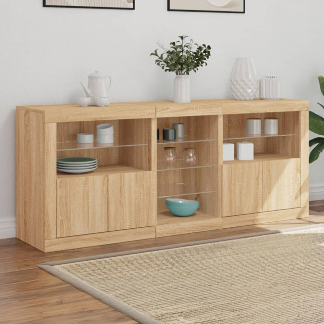 vidaXL 4 Door 8 Shelf Sonoma Oak LED Sideboard 3 Piece - Size: 67 x 37 x 162cm - Brown - Wilko - image 1