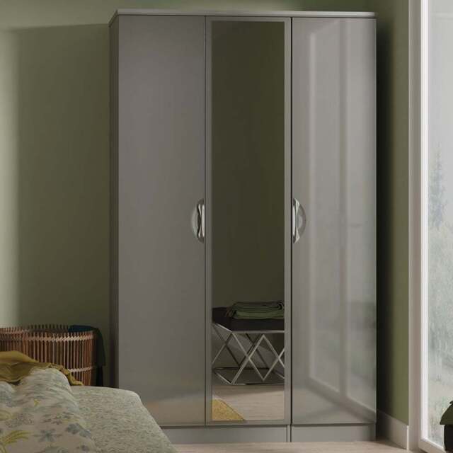 Crowndale Camden 3 Door Grey Gloss and Dusk Grey Mirrored Wardrobe Ready Assembled - Grey Gloss & Dusk Grey - Wilko - image 1
