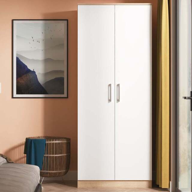 Crowndale Devon 2 Door Matt White and Bardolino Oak Wardrobe Ready Assembled - White Matt & Bardolino Oak - Wilko - image 1