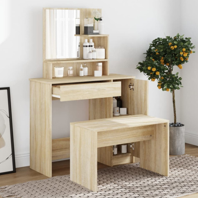 vidaXL Single Door Single Wide Drawer Sonoma Oak Dressing Table with Mirror - Size: 136 x 86.5 x 35cm - Brown - Wilko - image 1