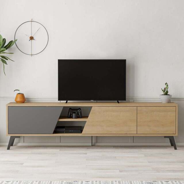 Decortie Fiona 3 Door 2 Shelf Anthracite and Oak TV Unit - Size: 48.0  x 180.0  x 35.6 cm - Multi - Wilko - image 1