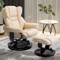 Portland Cream PU Leather Swivel Manual Recliner Chair with Footstool - Size: Single - White - Wilko