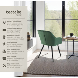 tectake Marilyn Set of 2 Dark Green and Black Quilted Velvet Dining Chair - Wilko - thumbnail 6