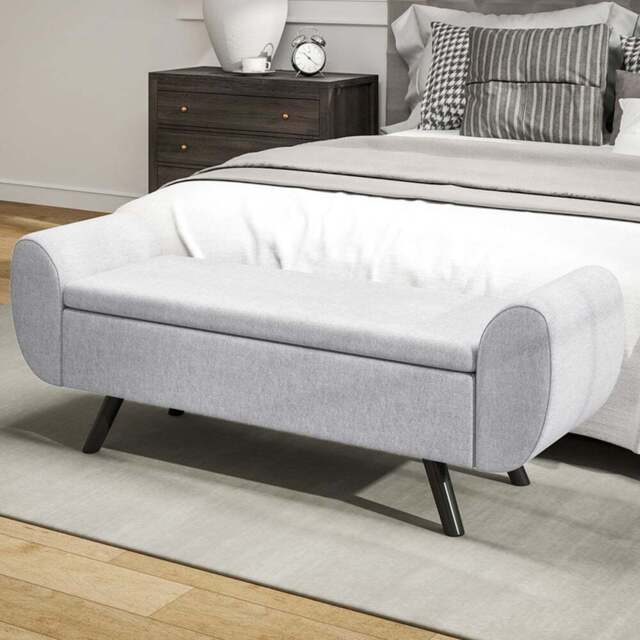 HOMCOM 2 Seater Light Grey Linen Storage Bench with Armrest - Size: 50.0 cm x 42.0 cm x 132.0 cmcm - Wilko - image 1