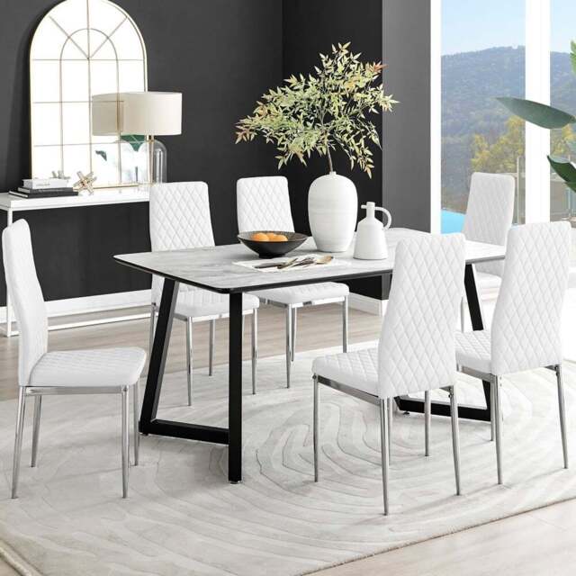 Furniturebox Copeland Valera Marble Effect 6 Seater Dining Set White and Chrome - Wilko - image 1