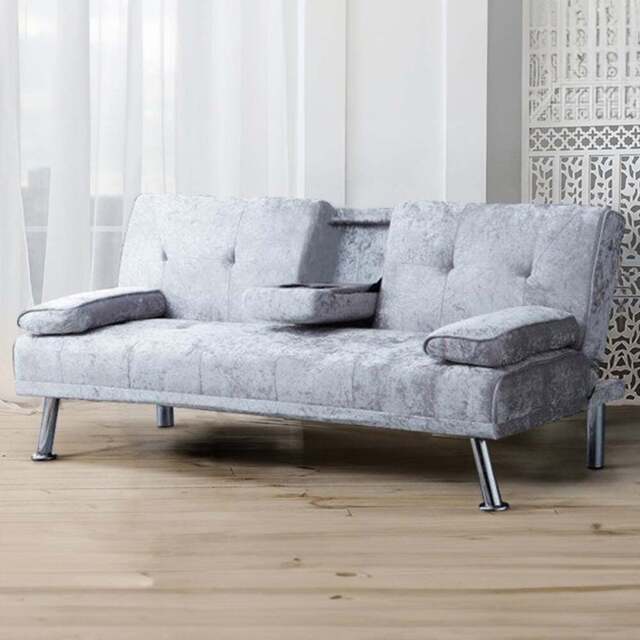 Brooklyn 2 Seater Silver Crushed Velvet Italian Sofa Bed with Cup Holder - Wilko - image 1