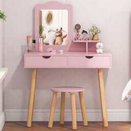 Costway 2 Drawer Kids Pink Vanity Table and Stool Set with Mirror - Size: 80 x 41 x 16cm - Wilko