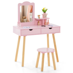 Costway 2 Drawer Kids Pink Vanity Table and Stool Set with Mirror - Size: 80 x 41 x 16cm - Wilko - thumbnail 3