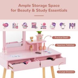 Costway 2 Drawer Kids Pink Vanity Table and Stool Set with Mirror - Size: 80 x 41 x 16cm - Wilko - thumbnail 5