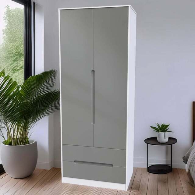 Crowndale Monaco 2 Door 2 Drawer Grey Gloss and White Tall Wardrobe Ready Assembled - Size: 2 Door, 2 Drawer - Grey Gloss & White - Wilko - image 1