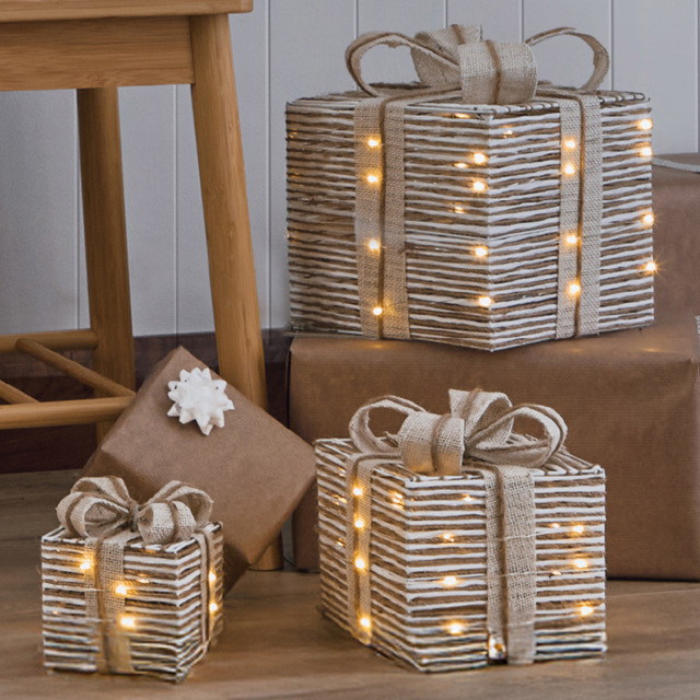 The Christmas Workshop 60 Warm White LED Natural Gift Box Decoration Set of 3 - Size: 22 x 20 x 20cm - Silver - Wilko - image 1