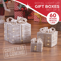 The Christmas Workshop 60 Warm White LED Natural Gift Box Decoration Set of 3 - Size: 22 x 20 x 20cm - Silver - Wilko - thumbnail 5