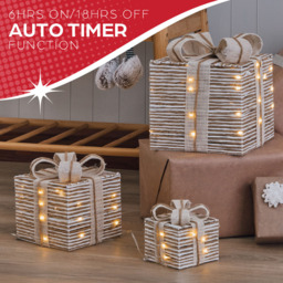 The Christmas Workshop 60 Warm White LED Natural Gift Box Decoration Set of 3 - Size: 22 x 20 x 20cm - Silver - Wilko - thumbnail 4