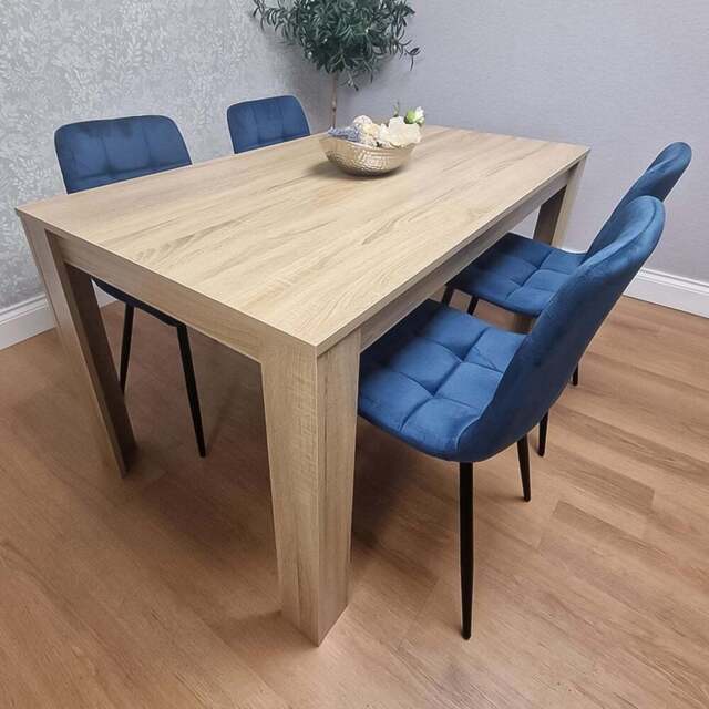 Portland Rocco 4 Seater Velvet Dining Set Oak Effect and Blue - Beige - Wilko - image 1